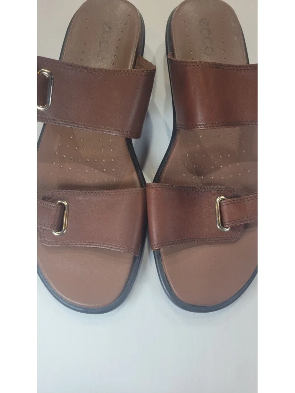 ECCO Brown Leather Slide Sandals with Adjustable Straps and Cushioned Insoles, 9